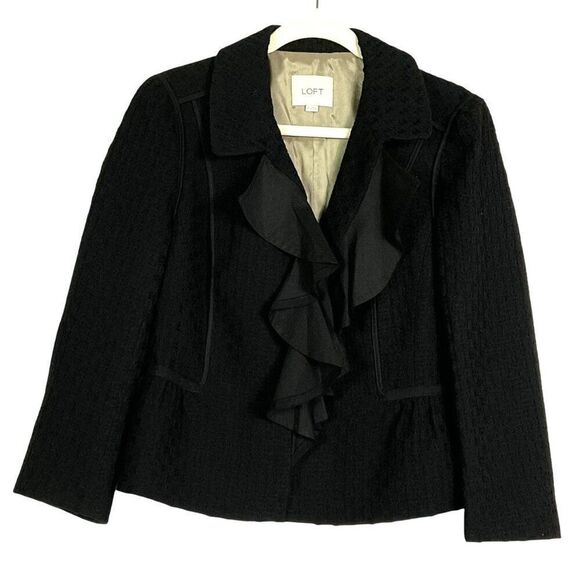 LOFT Women's Black Wool Blend Ruffle Front Jacket/Blazer, Size 10, Lined - Picture 3 of 11